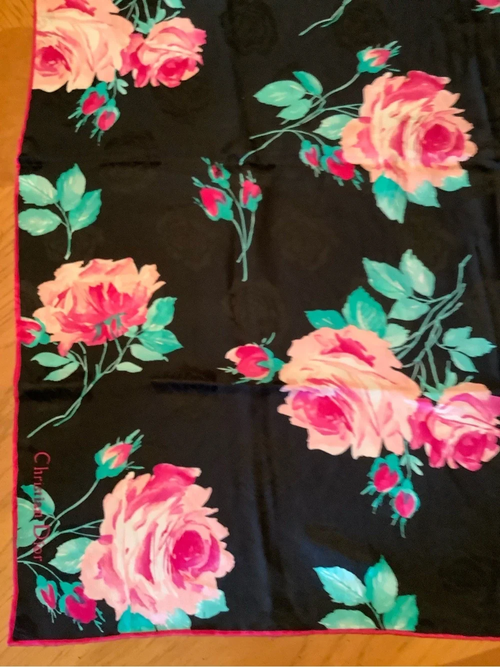 Dior Silk Floral Scarf in Black, Pink & Aqua. 36”